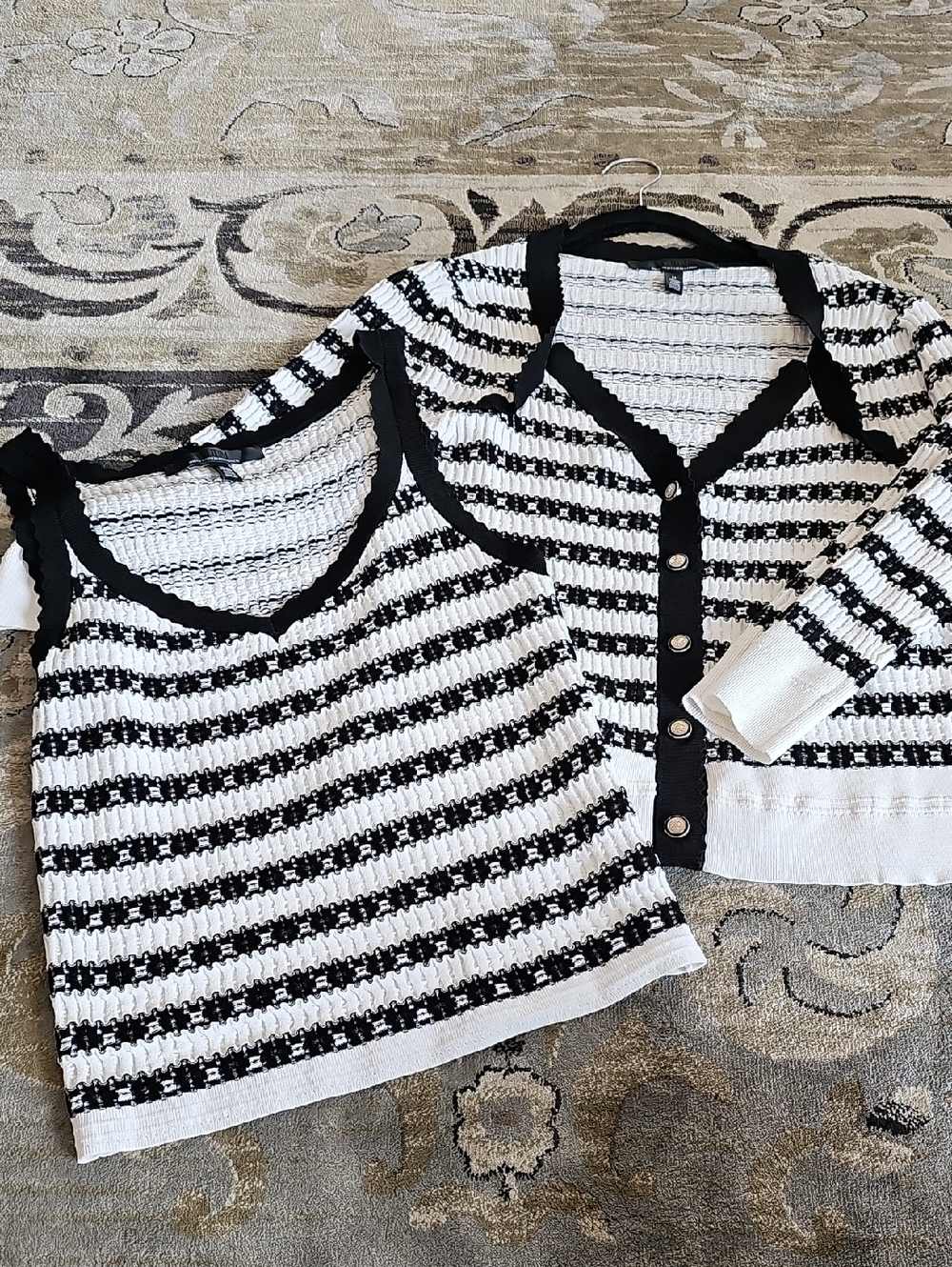 White House Black Market Black and White Striped Knit Top Set